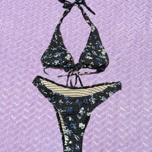 Floral Black and Blue Bikini Set